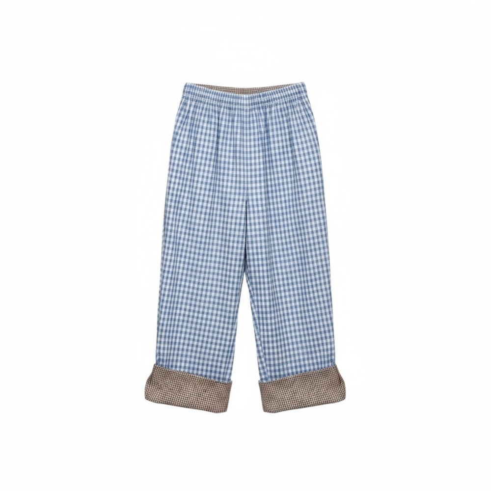 Boys reversible blue and white/brown and white check pull on pants size …